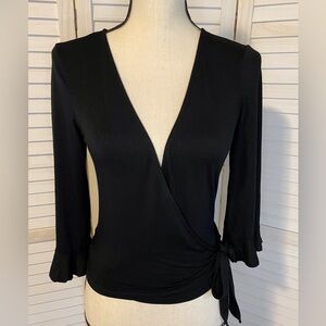 American Eagle Soft & Sexy Slub Womens S Black Faux Wrap Bell Sleeve Blouse